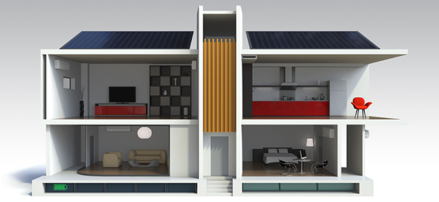 Illustration of energy efficient house,support by energy saving appliance, solar panels, home battery system.