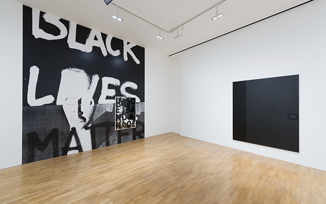 Adam Pendleton, New Works, 2015. From left: Black Lives Matter (wall work) #2; Magicienne #2; Black Dada/Column (D)