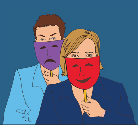 Illustration of a man and a woman wearing masks