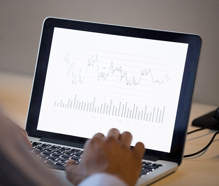 A finance professional looking at charts on their computer