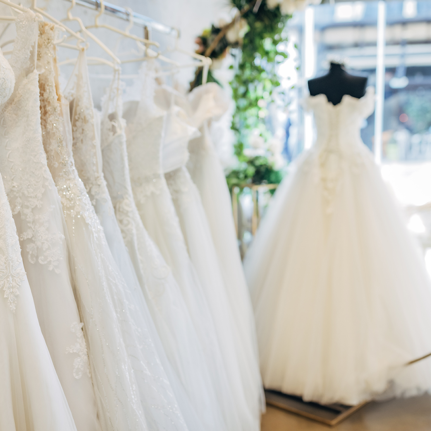 Bridal dresses on display in a shop