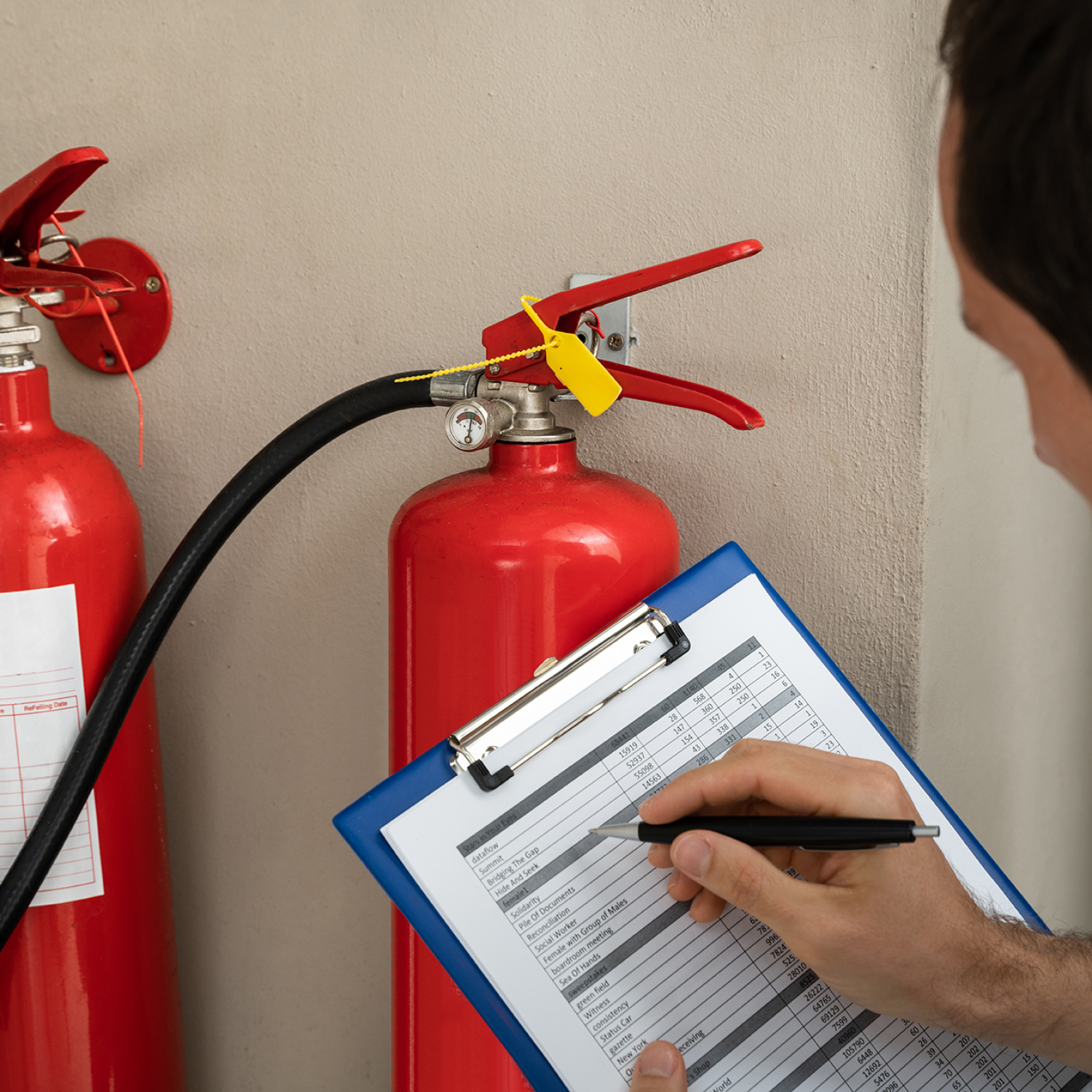 A fire extinguisher being checked