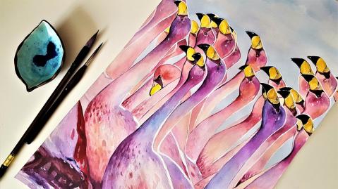 Recently completed painting of flamingos