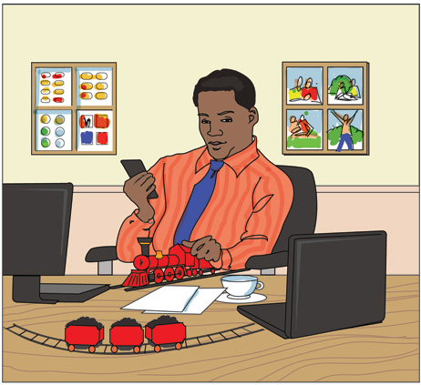Man with a train at his desk illustration