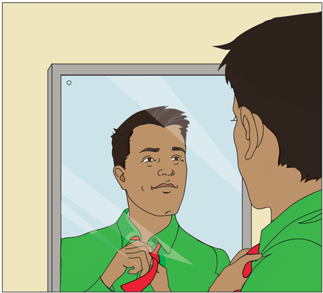Illustration of man tying tie in the mirror