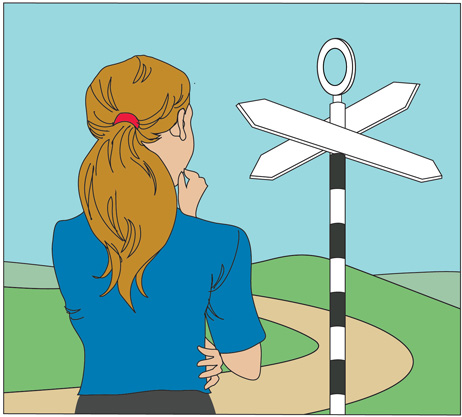 illustration of woman looking at signposts