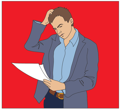 Illustration of man scratching head and looking at paper